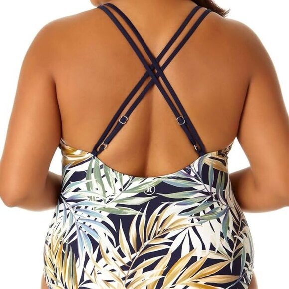NWOT Hurley Tropical Leaf Print Plus Size XXL One Piece Swimsuit Cross Back Stra - Picture 2 of 7